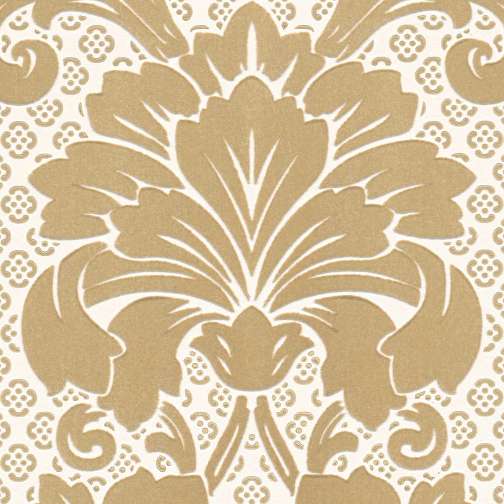             Patterned ornamental wallpaper with large floral motif - gold, cream
        