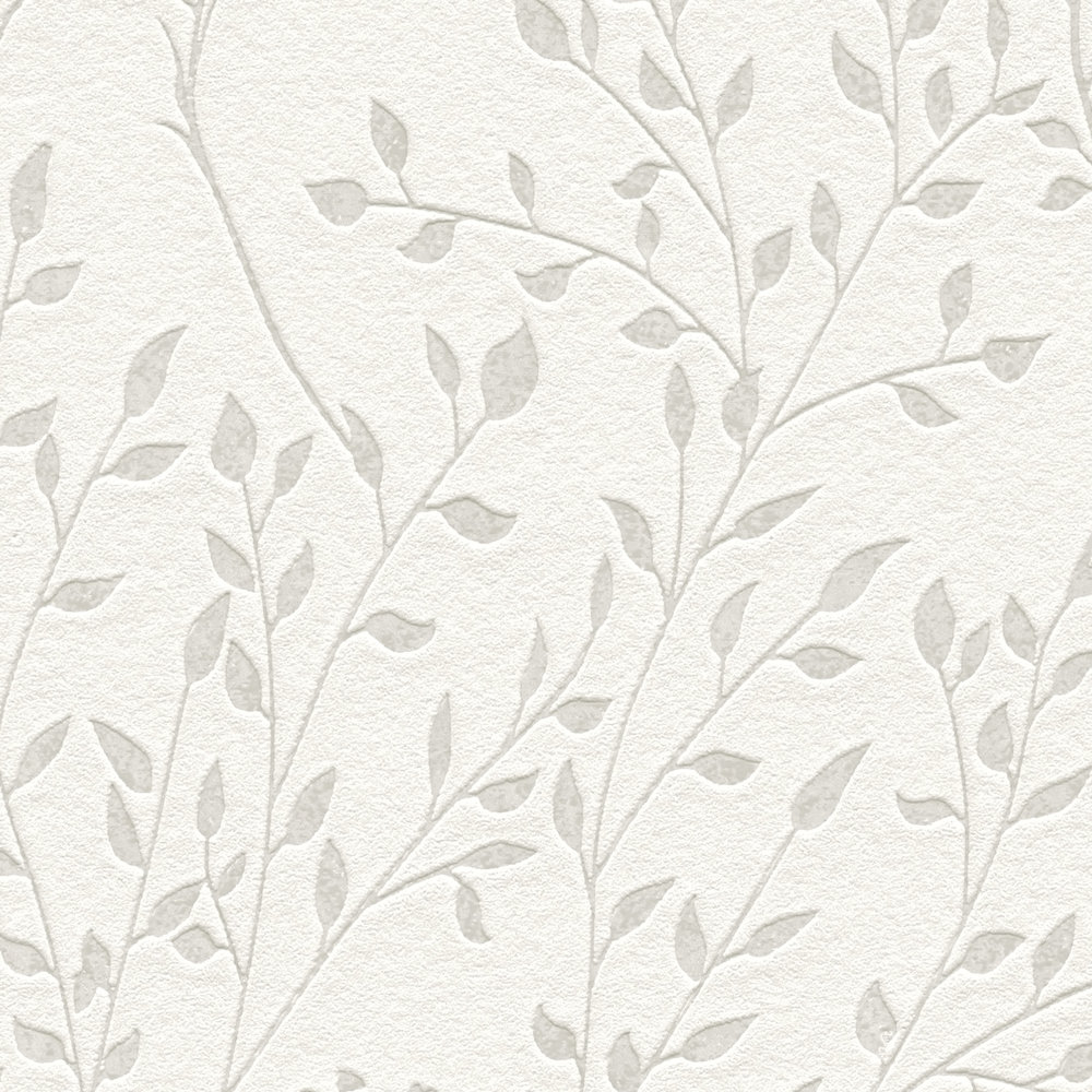             Plain wallpaper cream white with leaves pattern, gloss & texture effect
        