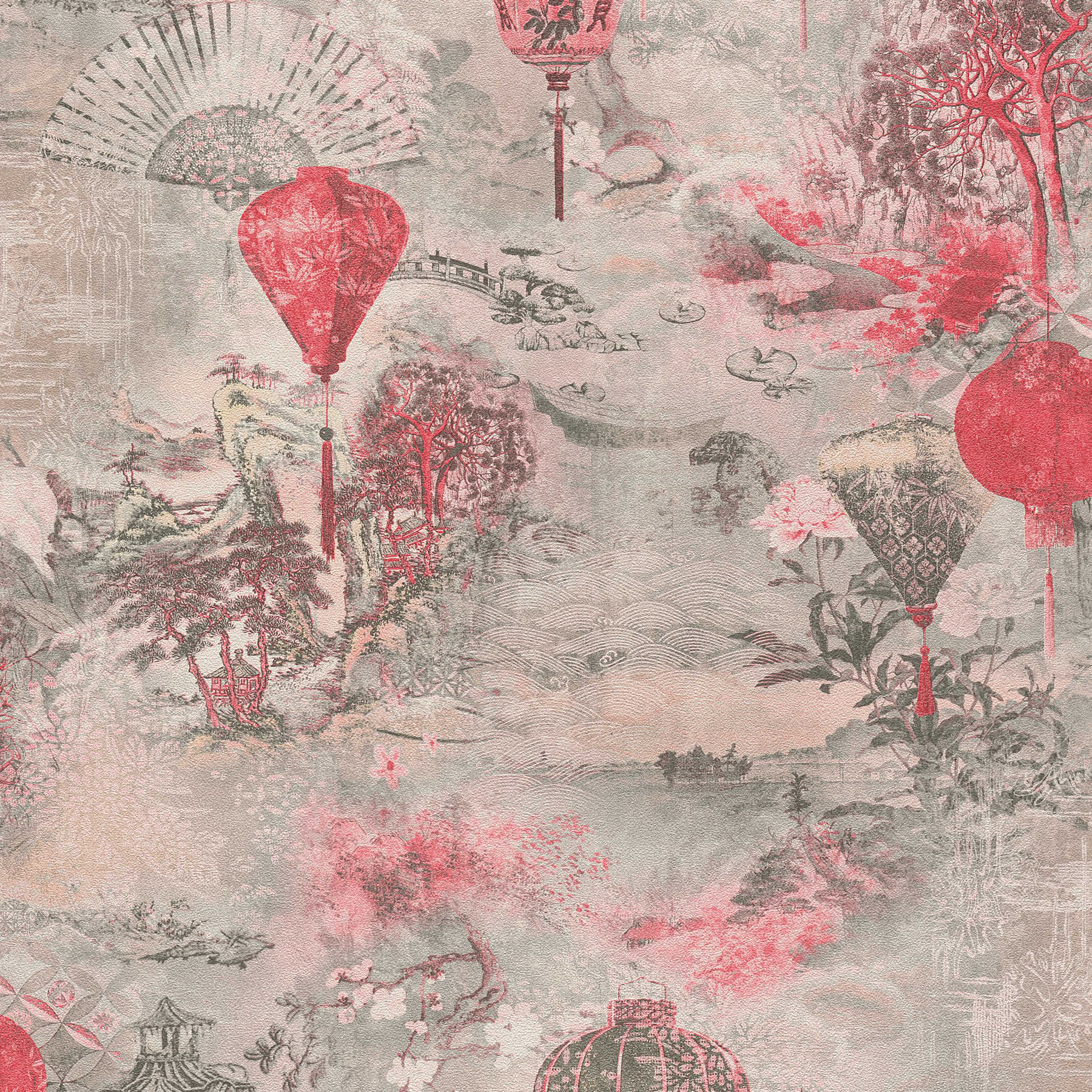         Non-woven wallpaper with landscape motif and Asian decor - grey, red, pink
    