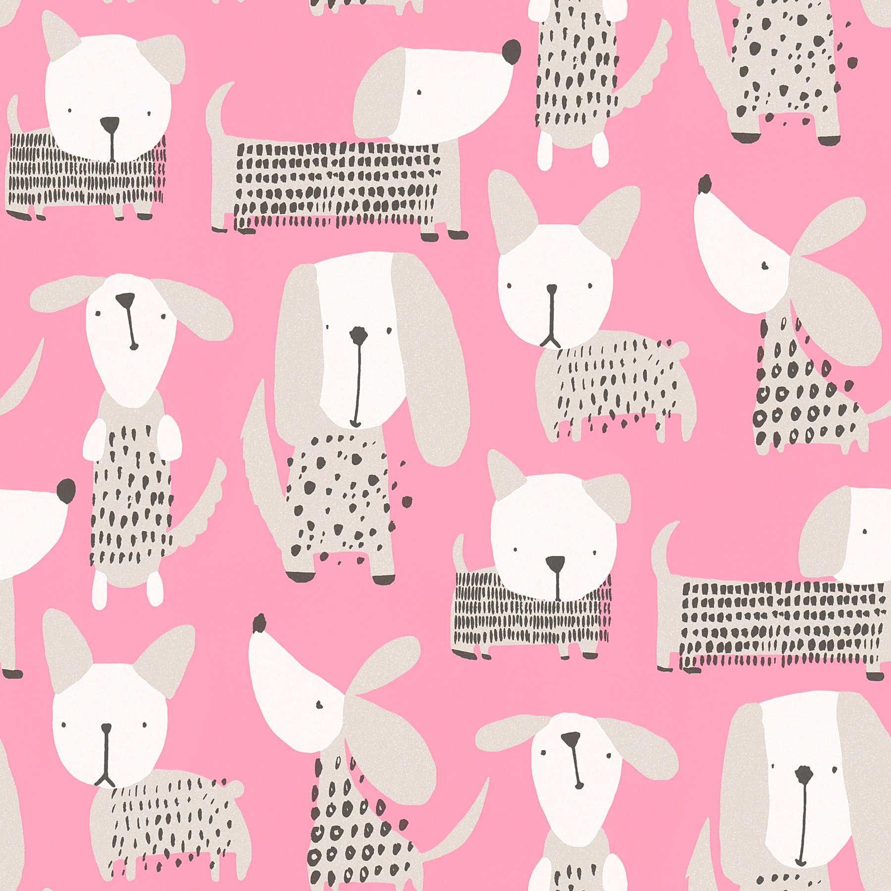             Carta da parati con cani in stile fumetto per la camera dei bambini - rosa, bianco
        