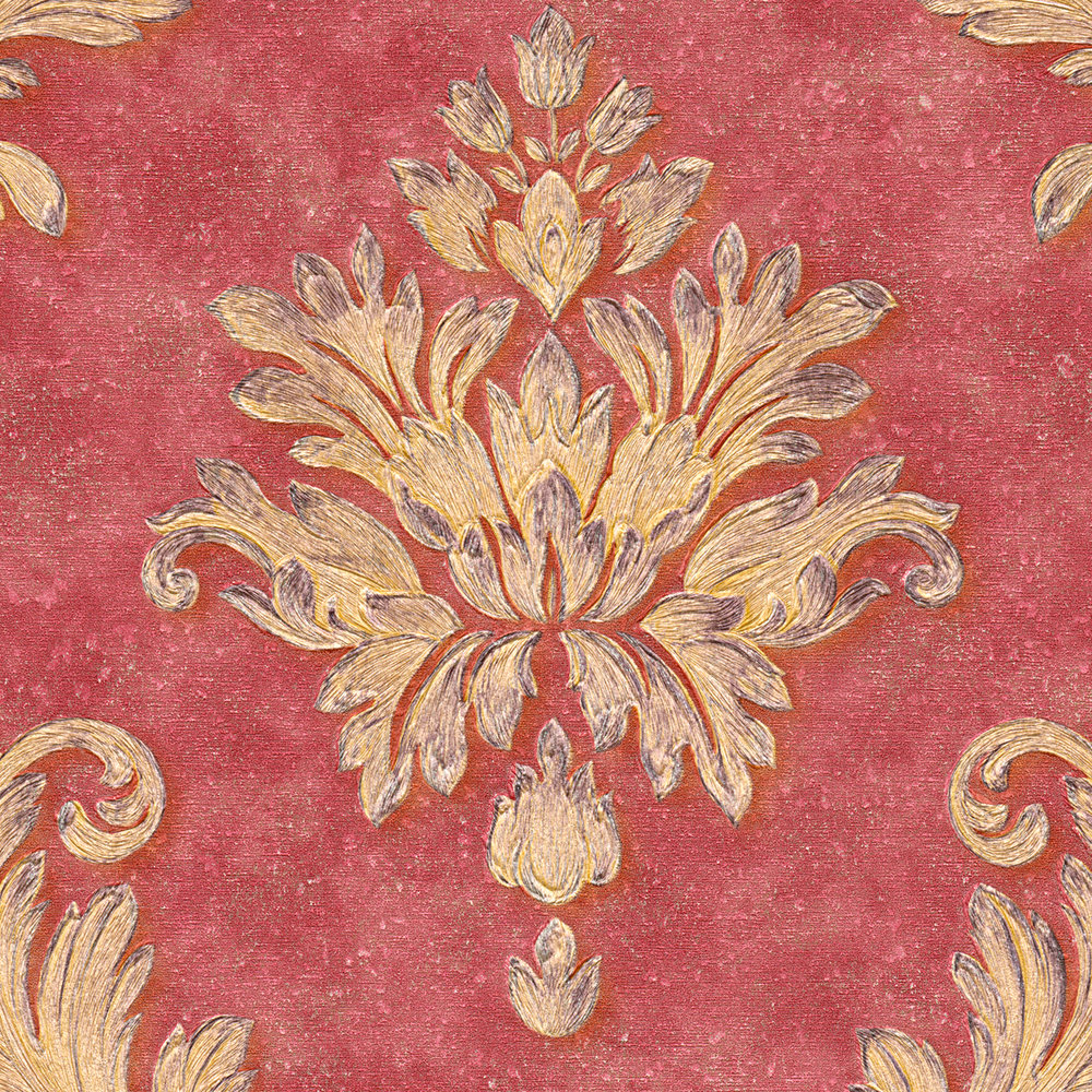             Papier peint de créateur ornements floraux & effet métallique - rouge, or
        
