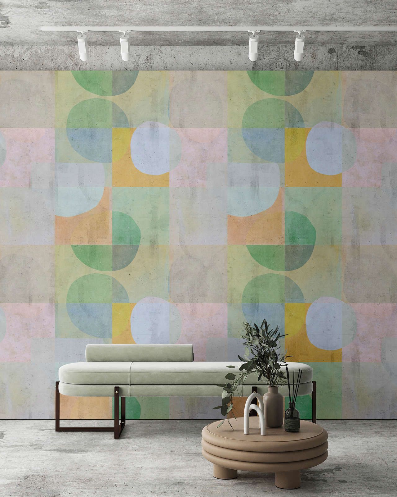             Photo wallpaper »elija 1« - retro pattern in pale colours with concrete look - green, blue, pink | Smooth, slightly shiny premium non-woven fabric
        