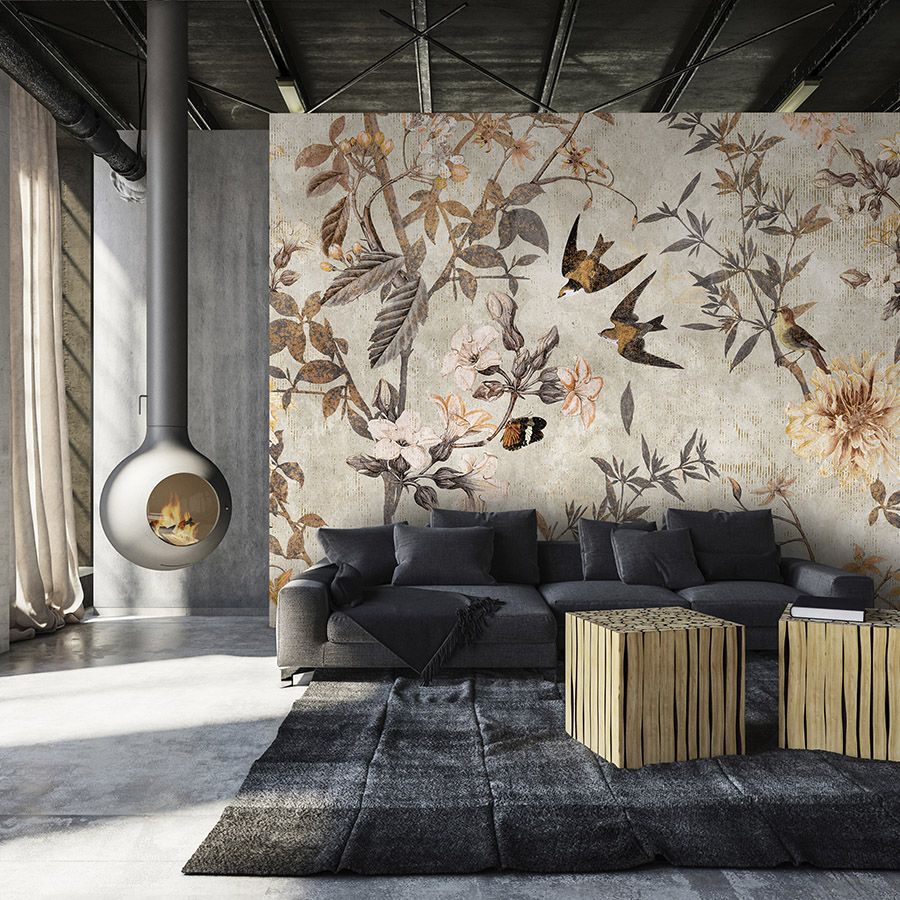 Photo wallpaper »eden« - Vintage style birds & flowers - Lightly textured non-woven fabric
