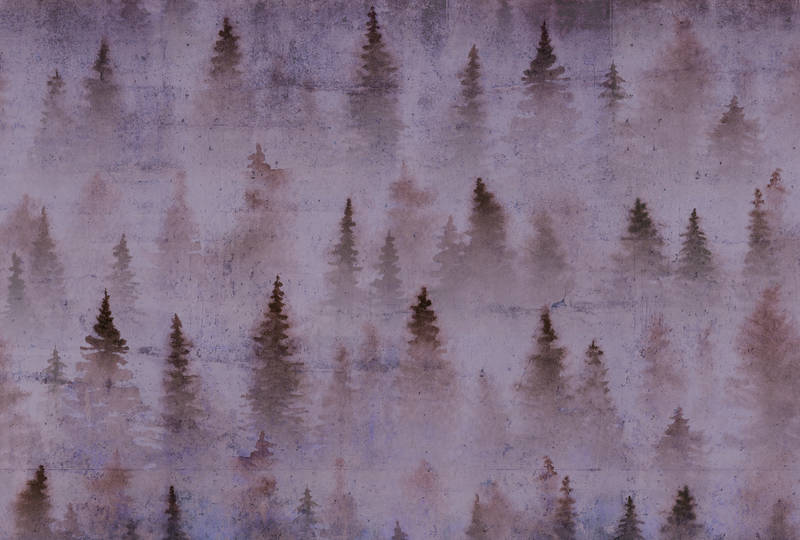             Fotomurali con effetto cemento e motivo foresta in look used - viola
        