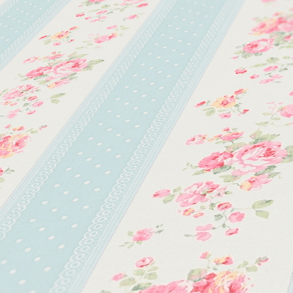             Non-woven wallpaper with stripes, flowers and dots - blue, white, pink
        