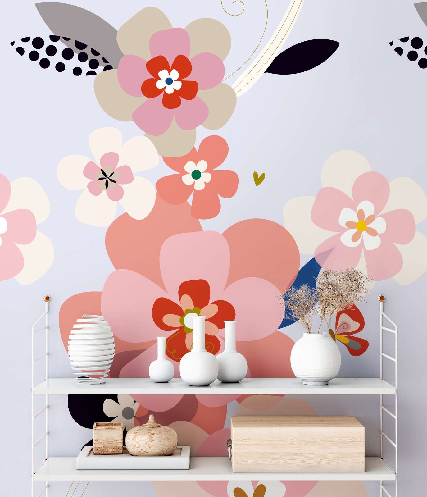             Large floral motif wallpaper in minimalist style - multicoloured, pink, lilac
        