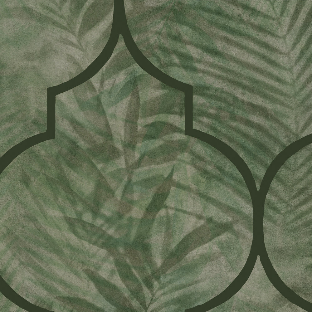            Carta da parati non tessuta con motivo a foglie su aspetto piastrella - verde
        