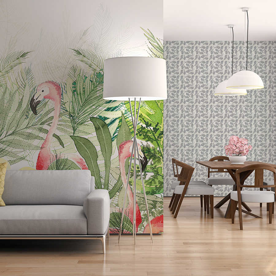 Watercolour photo wallpaper flamingo, leaves & flowers on structural non-woven
