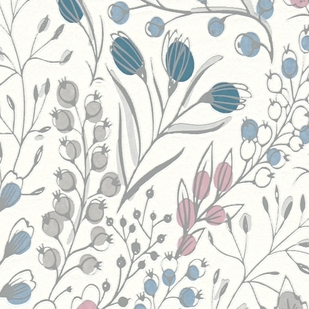             Carta da parati in tessuto non tessuto con motivi floreali in stile disegno - bianco, rosa, blu
        