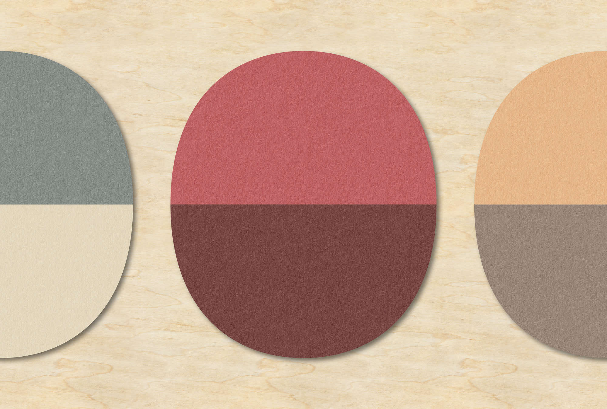             Split ovals 3 - Colourful Wallpaper Oval Retro Pattern - Plywood,Felt Texture - Beige, Blue | Matt Smooth Non-woven
        