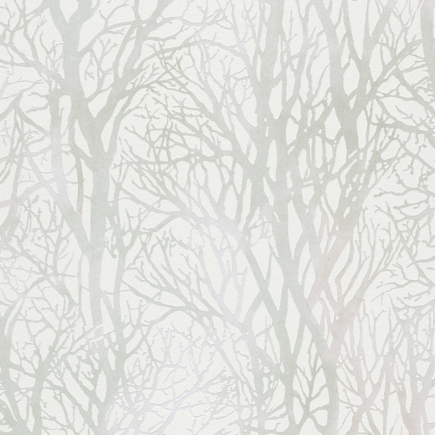 Silver grey wallpaper with tree motif and metallic effect - white, green, silver
