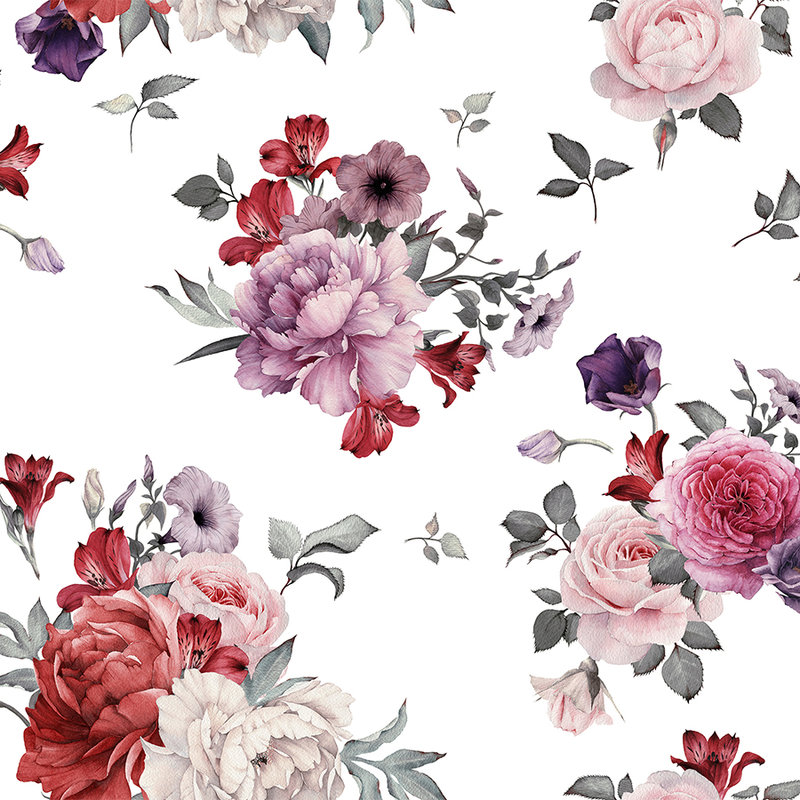 Papier peint panoramique fleurs romantiques - rose, blanc, rouge
