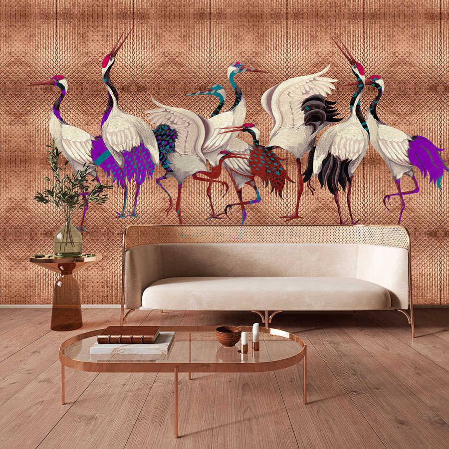 Land of Happiness 2 - Metallic copper wall mural with colourful crane motif

