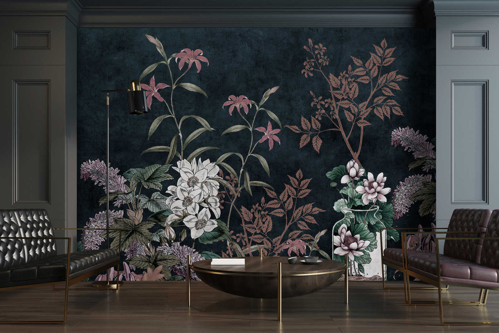             Dark Room 2 - Zwart Behang Botanisch Patroon Roze
        