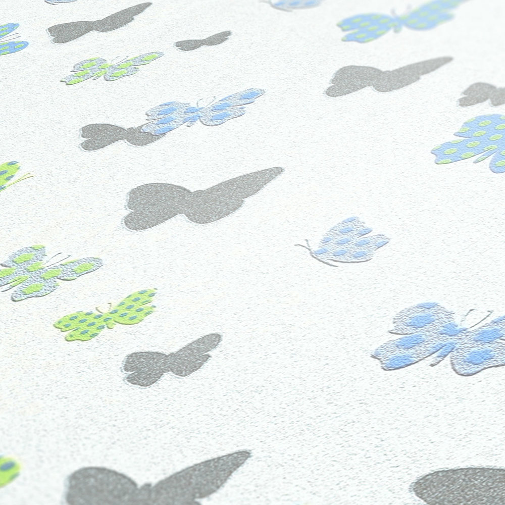             Butterfly wallpaper nursery for boys - white, blue, grey
        