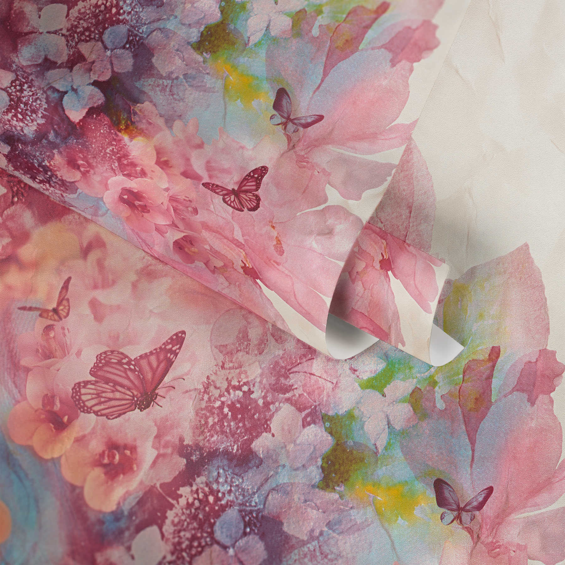             Papier peint Aquarelle avec fleurs & papillons - multicolore
        