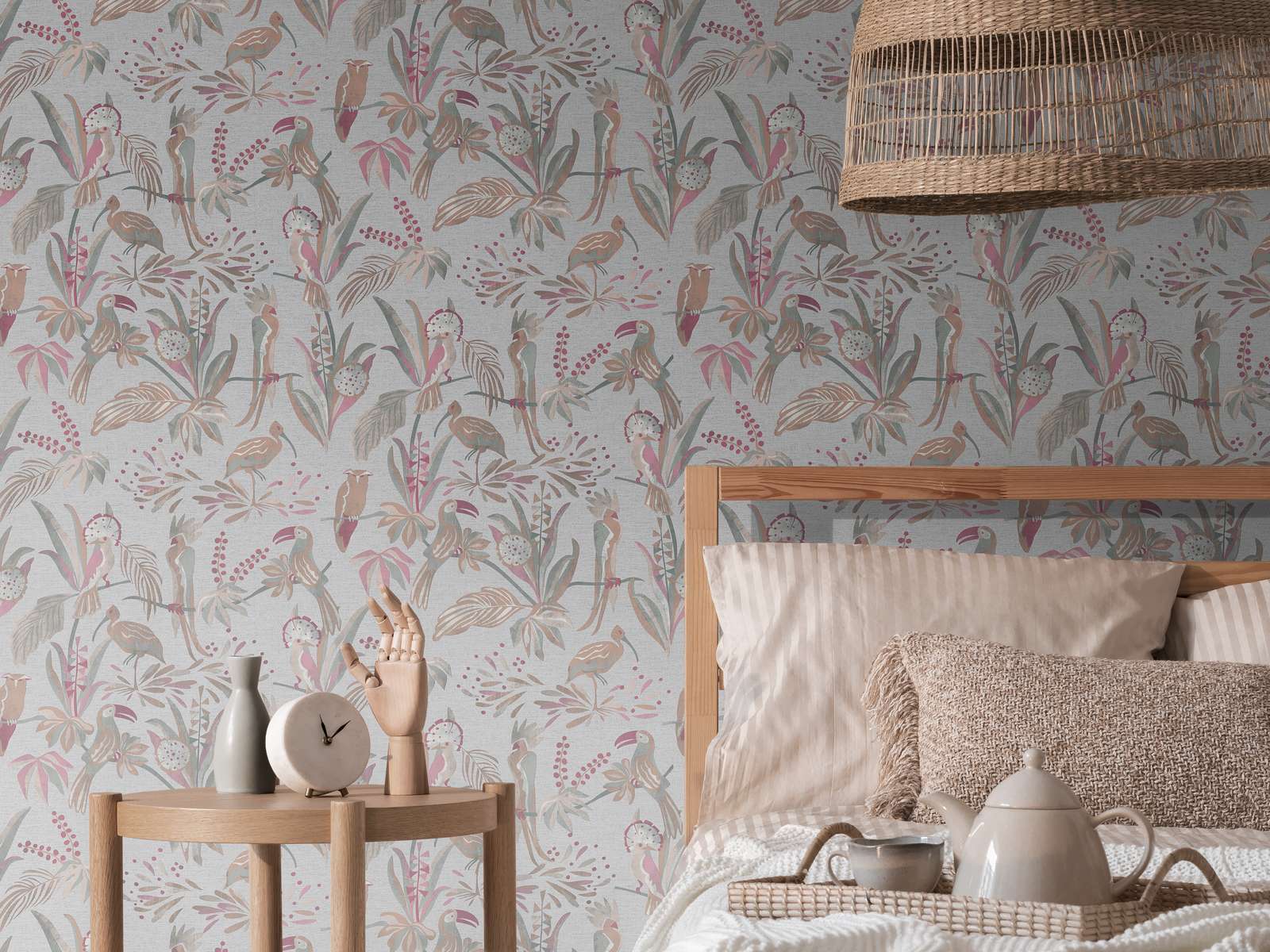             Wallpaper with tropical plants & birds in linen look - grey, brown, red
        