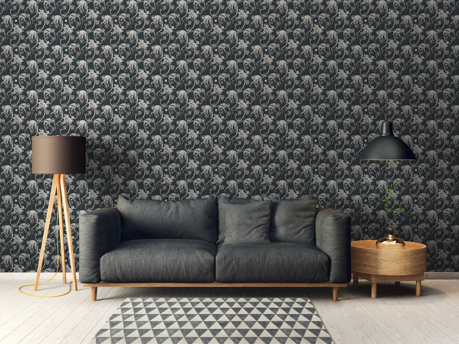             Dark non-woven wallpaper monkeys & leaves design by MICHALSKY
        