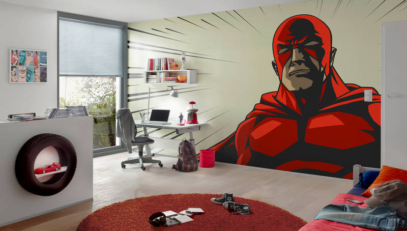             Youth mural superhero with action stripes on premium smooth vinyl
        