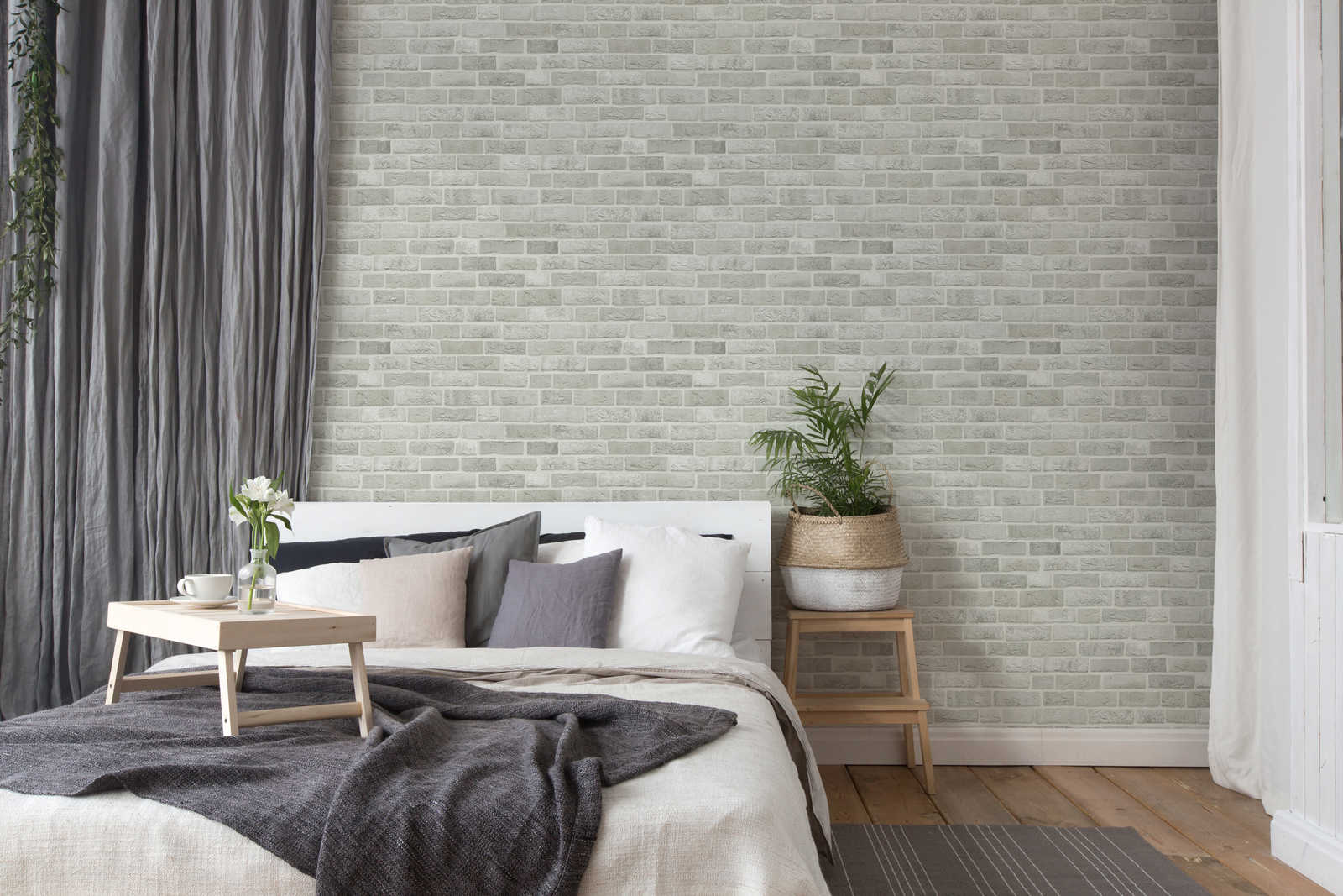             Grey stone look wallpaper brick 3D motif - grey, white
        
