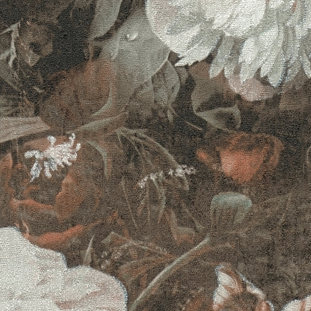             Carta da parati floreale vintage con motivo classico a rose - crema, marrone
        