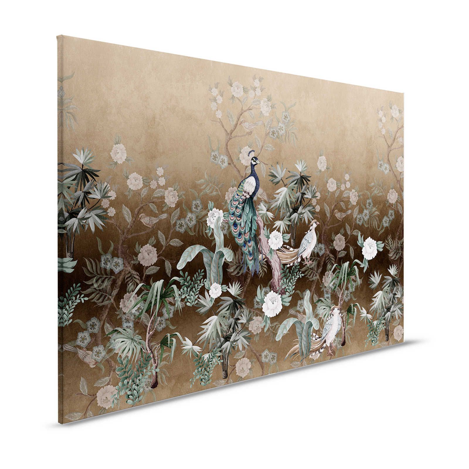 Peacock Island 2 - Canvas painting Peacock garden with flowers in beige - 1,20 m x 0,80 m
