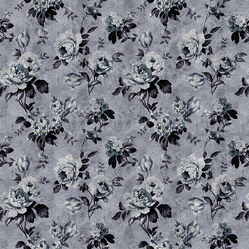 Wilde rozen 6 - Rozenbehang in retro look, grijs in krasstructuur - Blauw, Violet | Mat glad vlies
