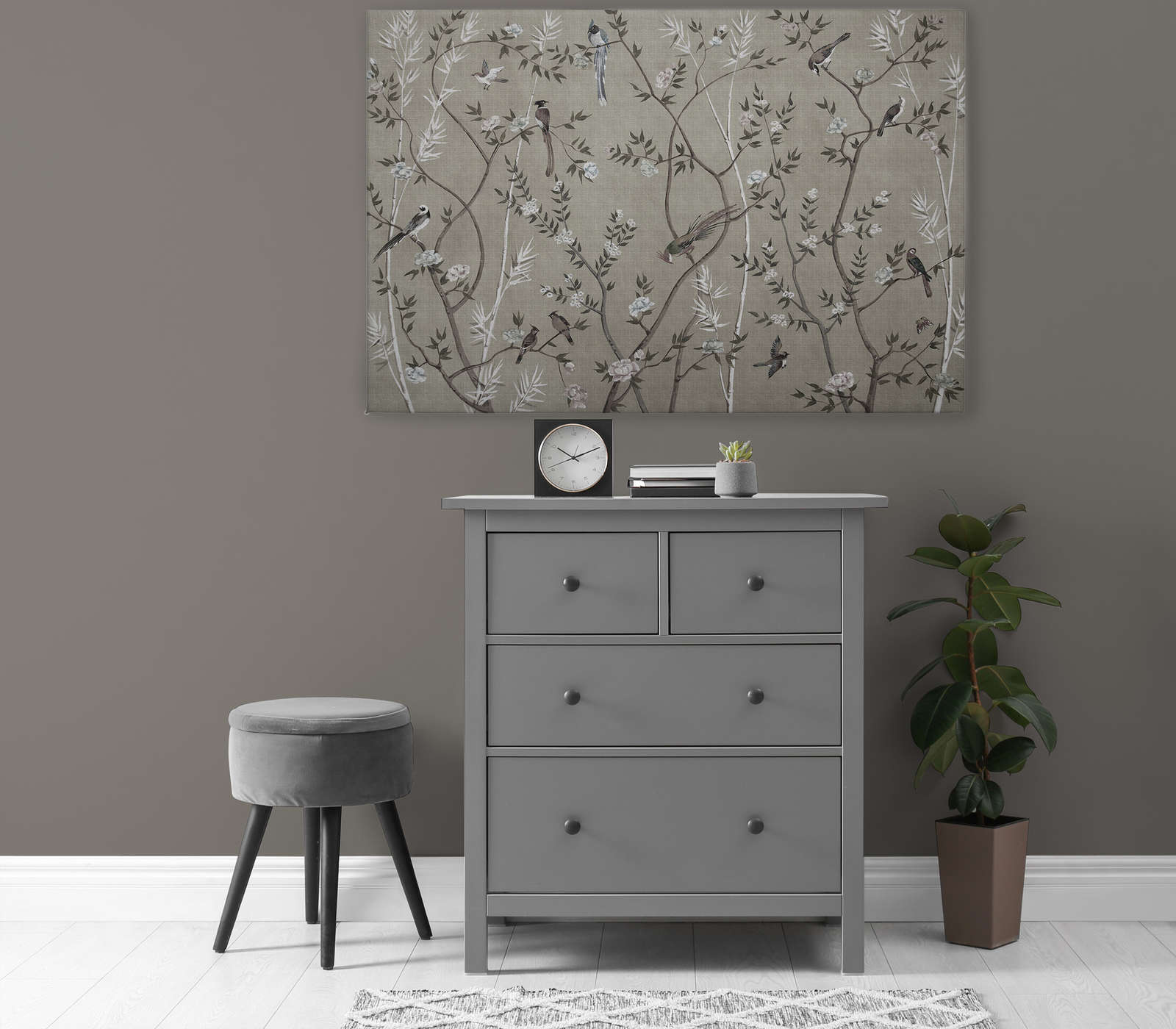            Tea Room 2 - Canvas painting Birds & Flowers Design in Greige - 1,20 m x 0,80 m
        