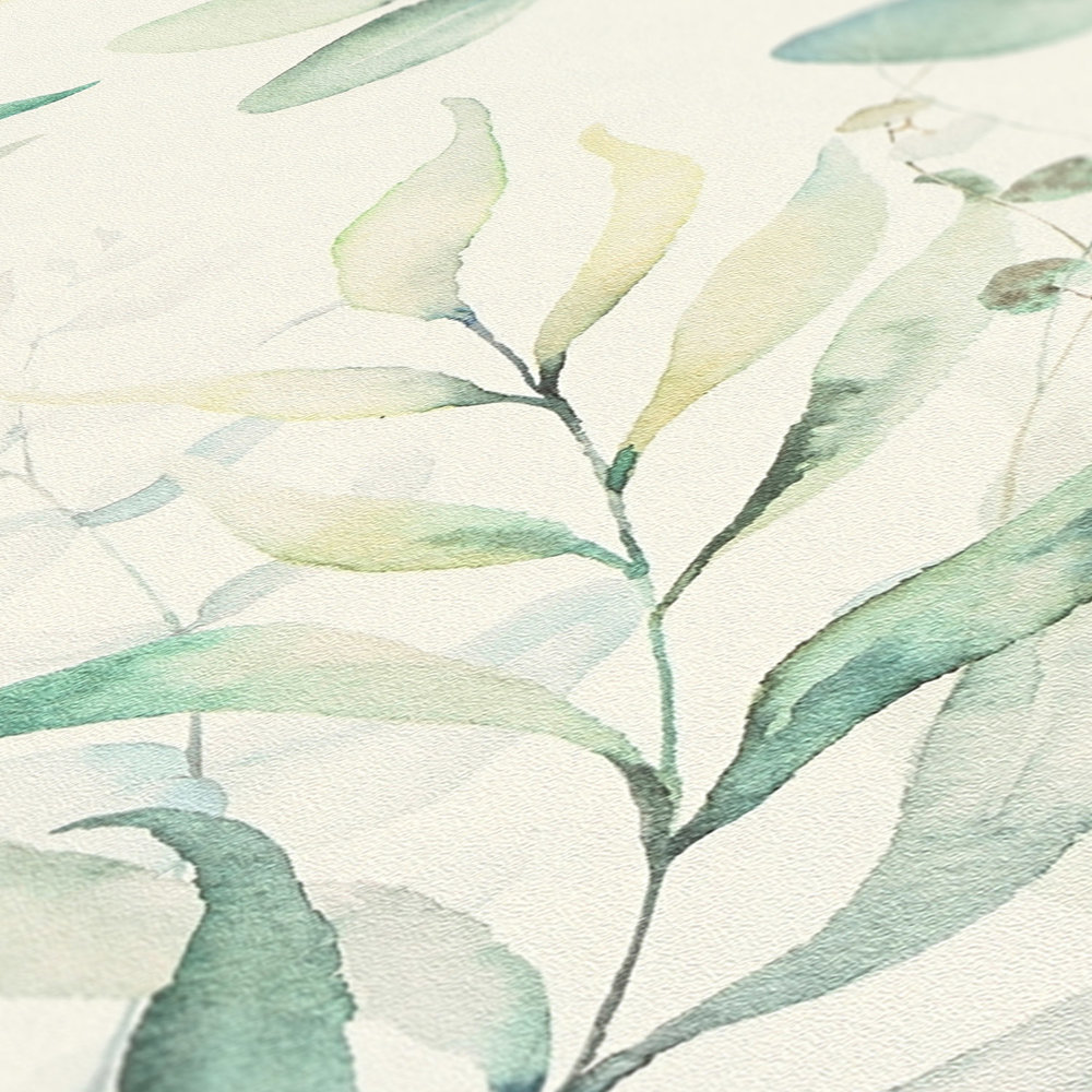             Papel pintado no tejido con motivo de hojas en acuarela - crema, verde
        