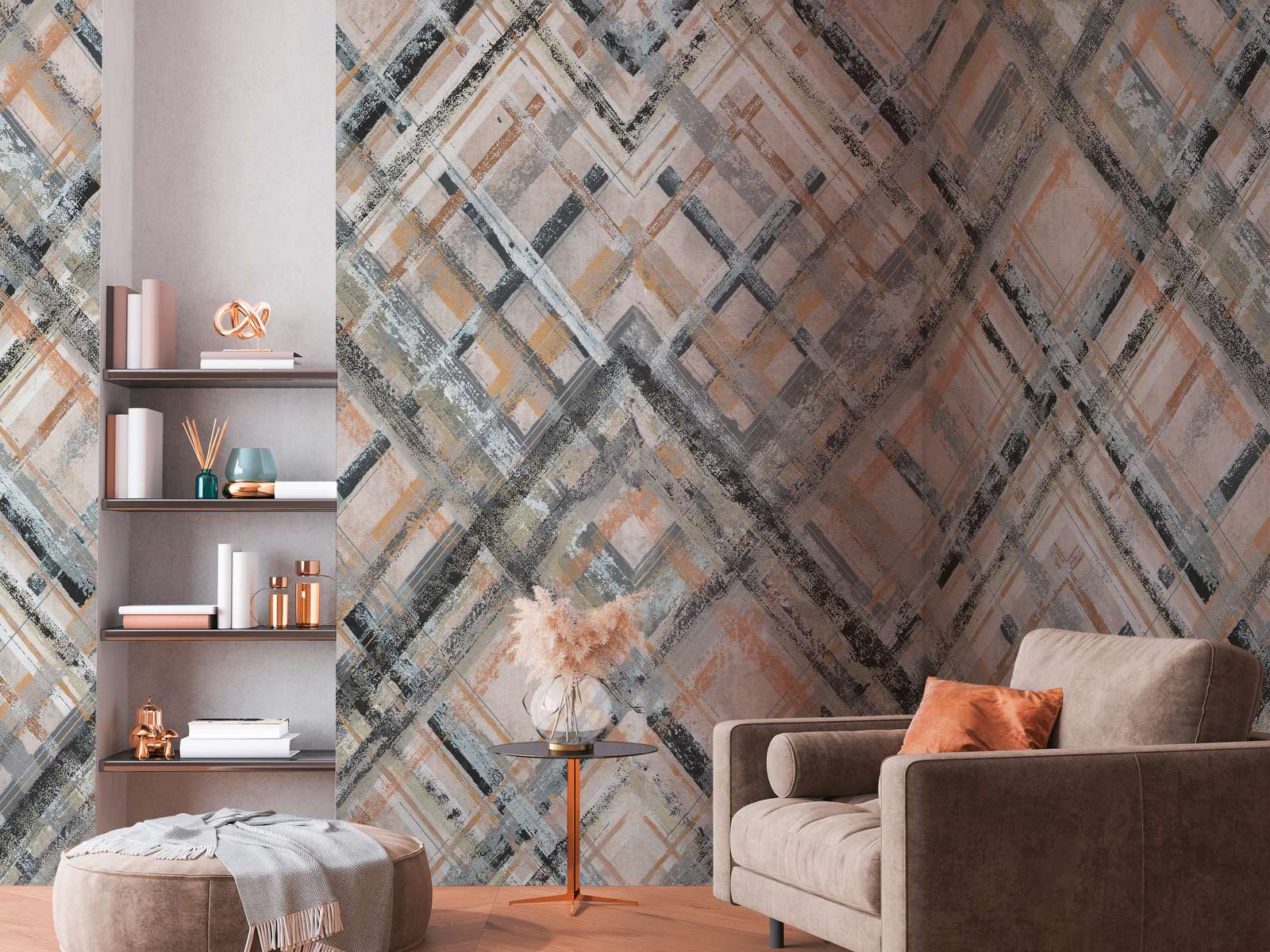             Abstract vliesbehang met geometrisch patroon - grijs, beige, blauw-grijs
        