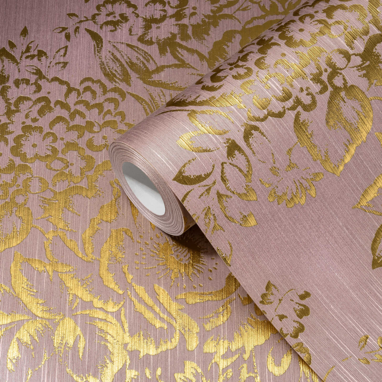             Papel pintado texturizado con motivos florales dorados - oro, rosa
        