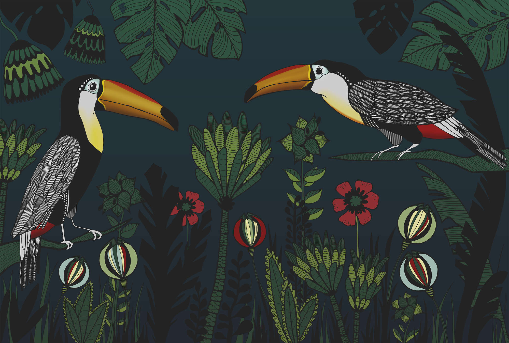             Muurschildering Junglepatroon met Vogels in Tekenstijl
        