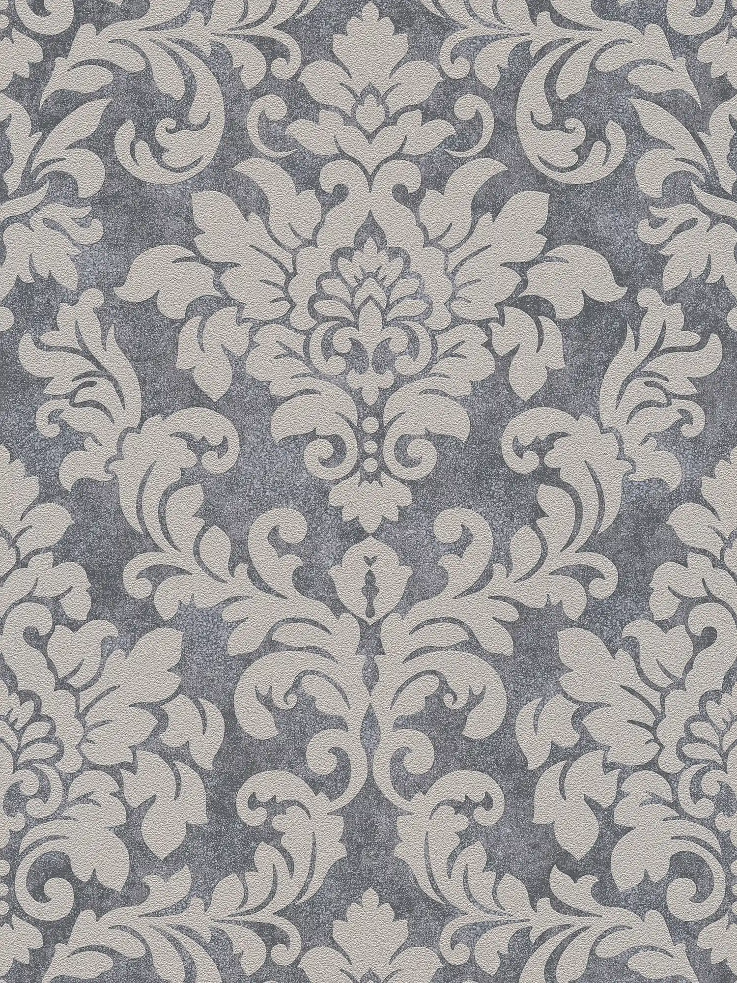 Floral ornamental wallpaper with metallic effect - grey, beige, silver
