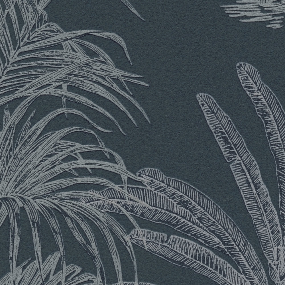             Papier peint intissé bleu foncé motif palmier dans le style colonial - bleu
        