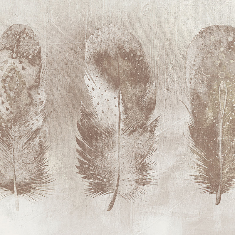 Photo wallpaper feather design, bohemian style & sepia - beige, white, grey
