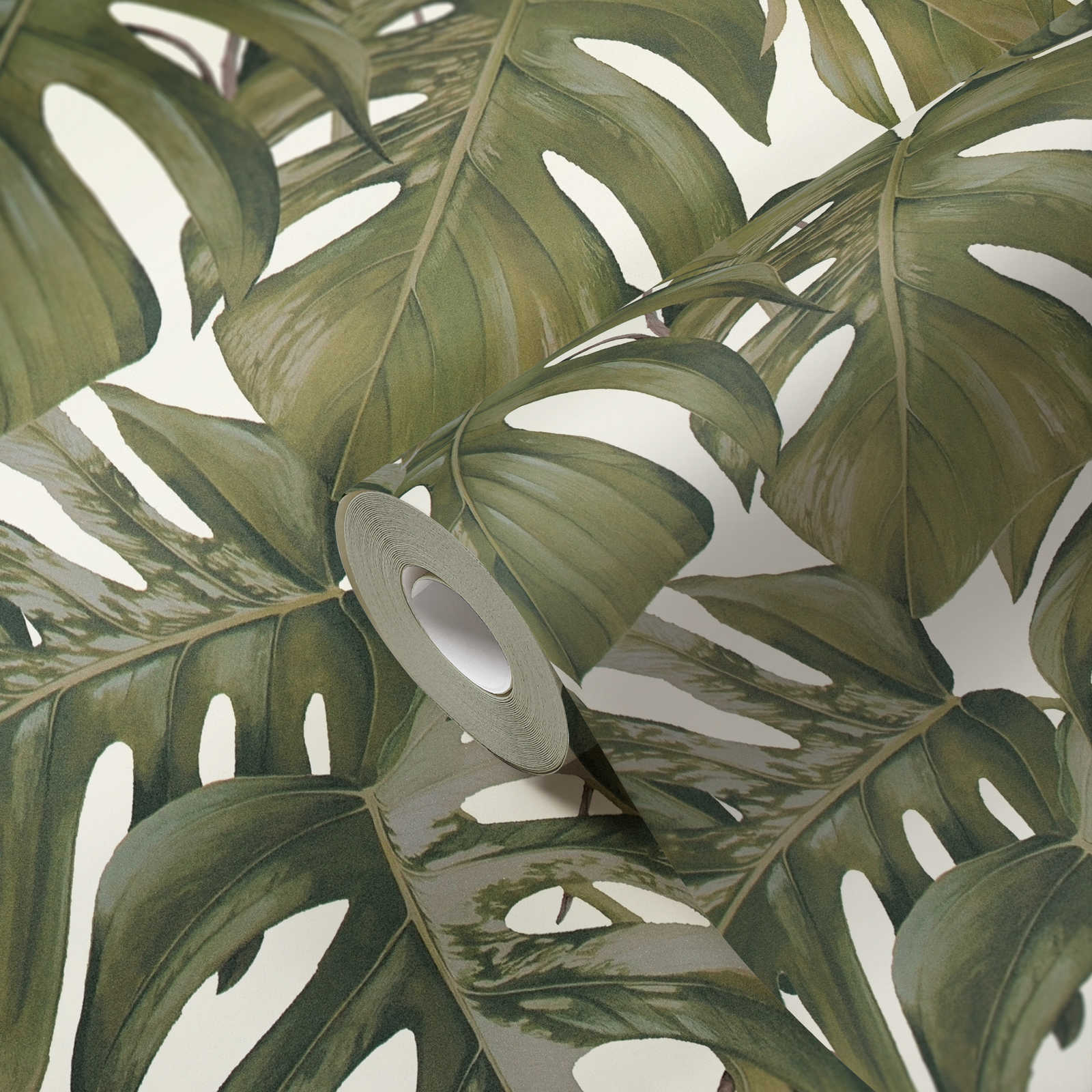             Non-woven wallpaper Monstera leaves pattern - grey, green, white
        