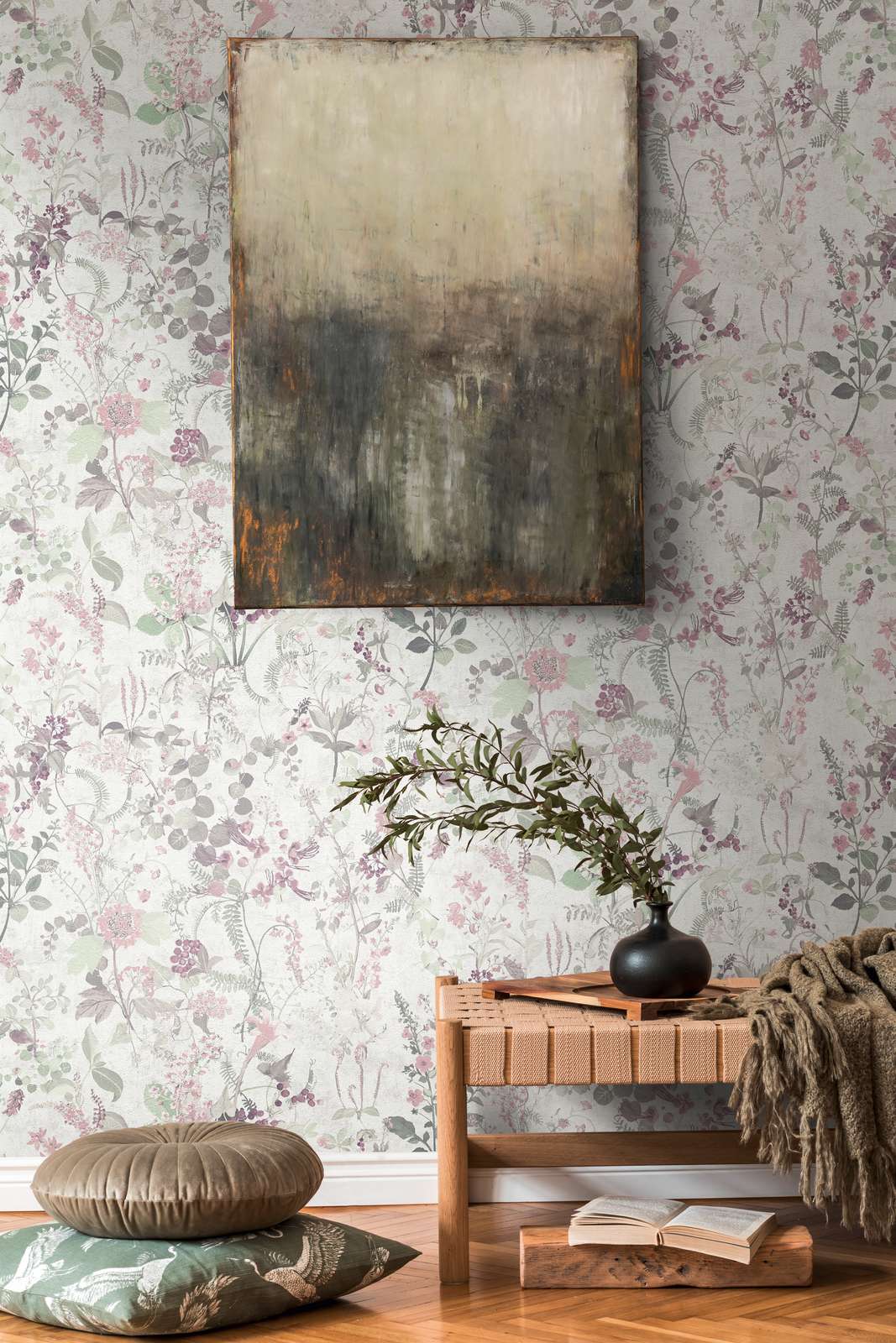             Papier peint naturel avec motifs floraux - gris, vert, rose
        