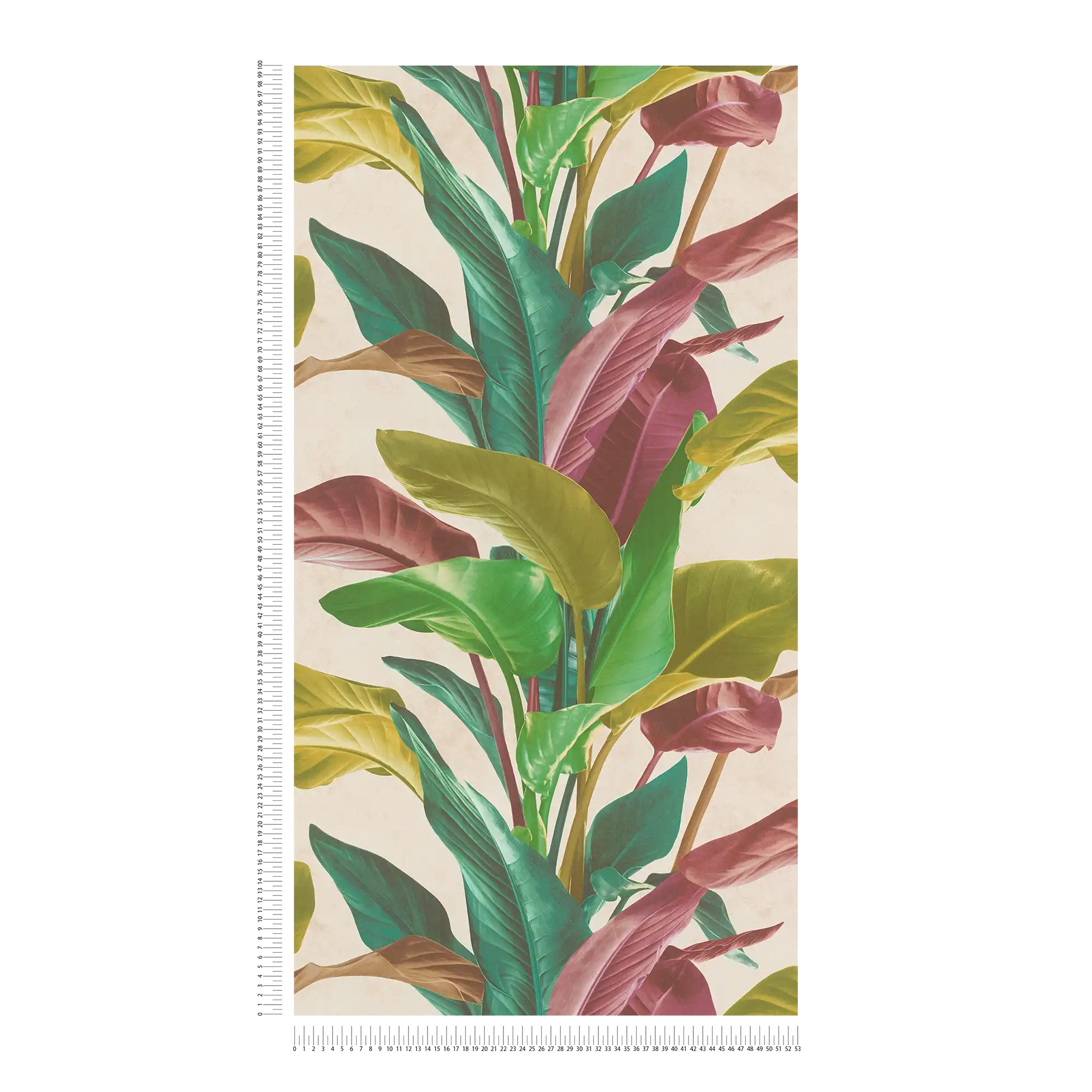             Wallpaper with leaves design in bright colours - colourful, cream, green
        