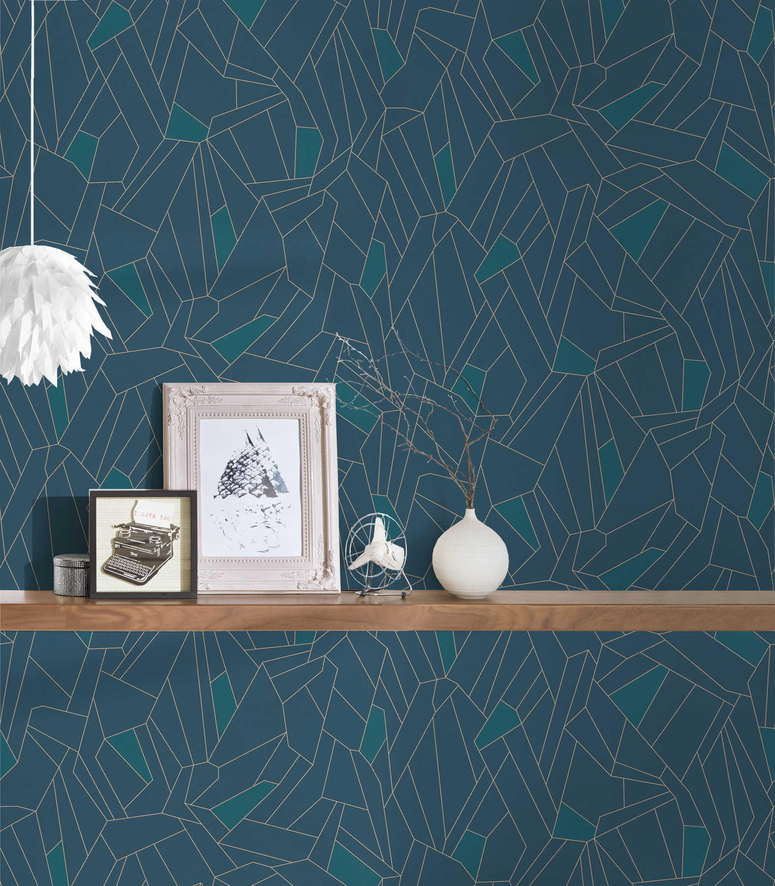             Retro non-woven wallpaper with glitter effect - blue, petrol, beige
        