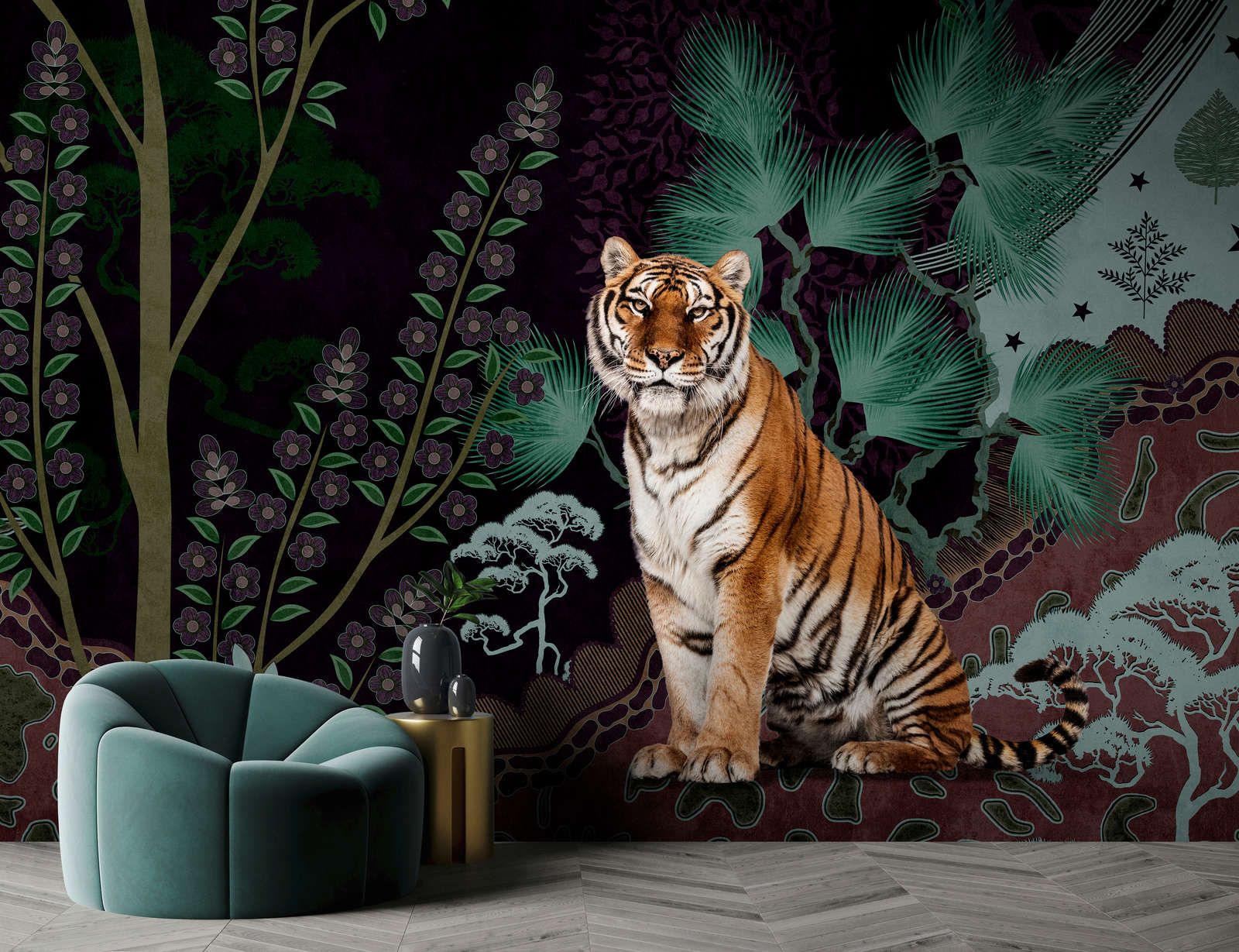            Photo wallpaper »khan« - Abstract jungle motif with tiger - Smooth, slightly shiny premium non-woven fabric
        
