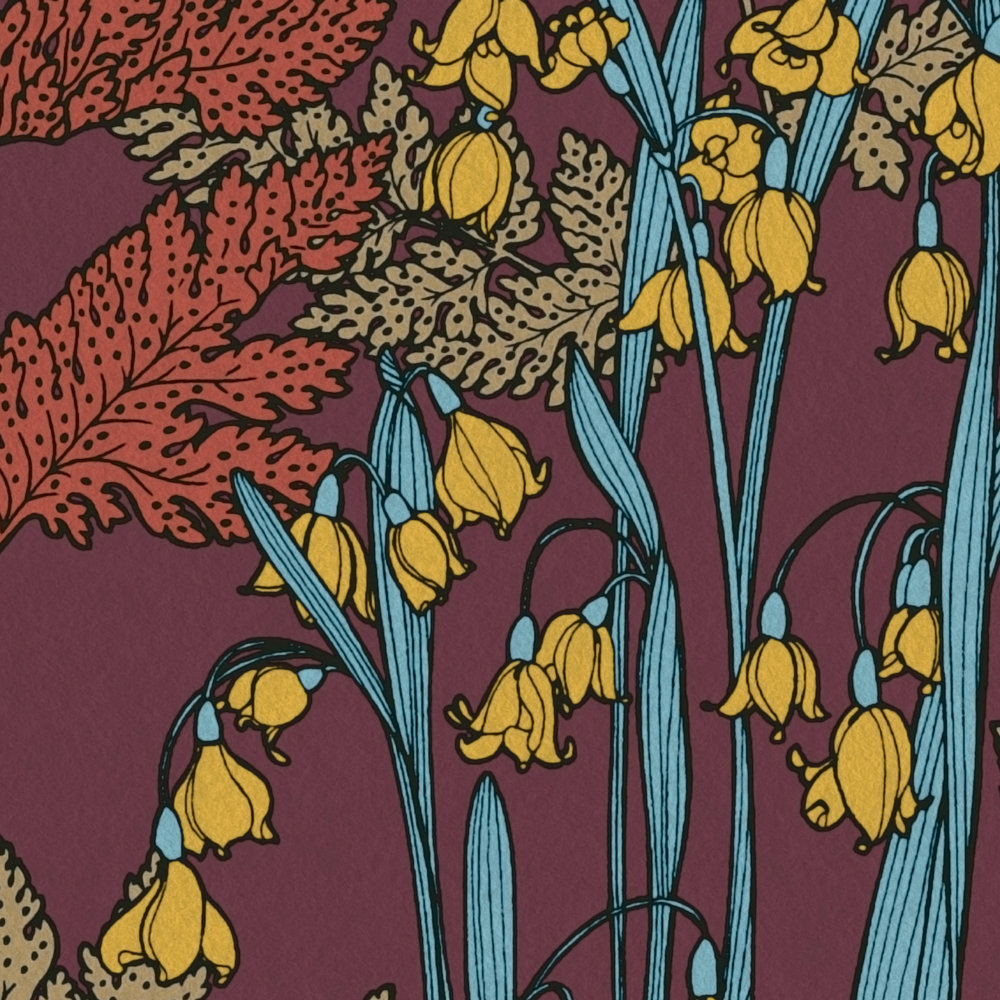             Carta da parati viola con disegni di foglie e fiori colorati - rosso, giallo, blu
        