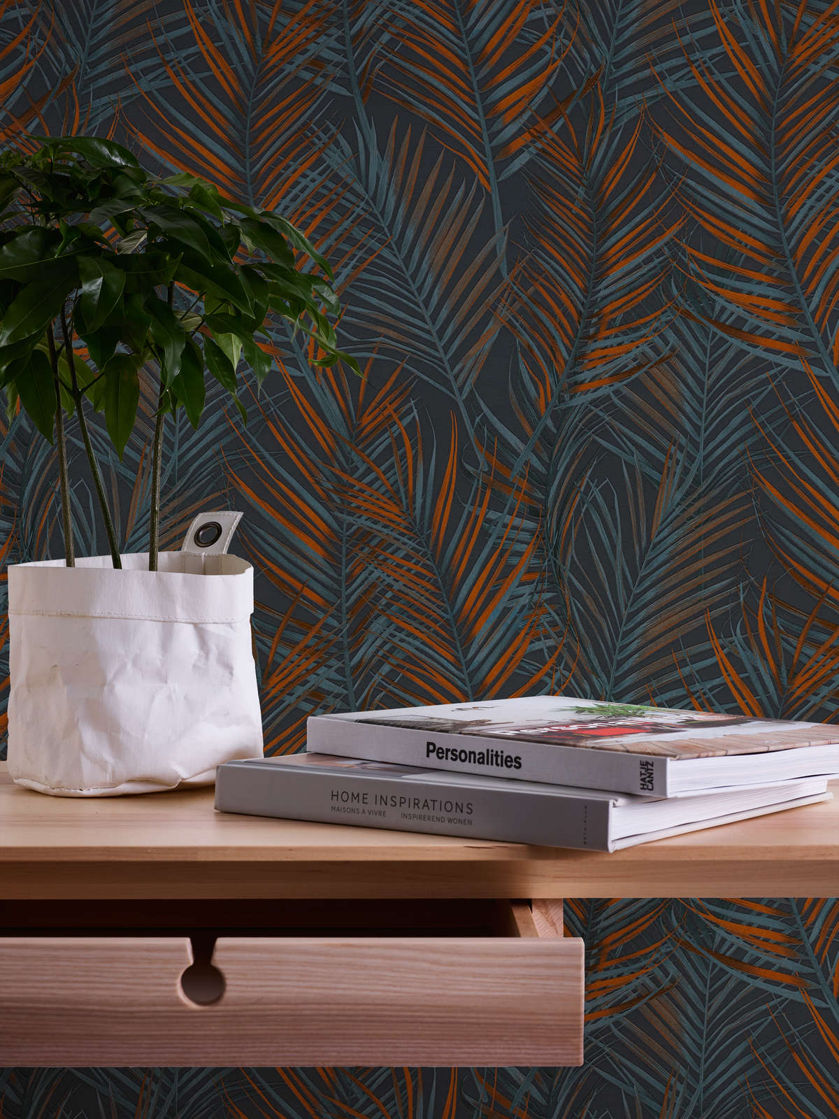             Jungle wallpaper with palm leaves in matt - black, orange, petrol
        