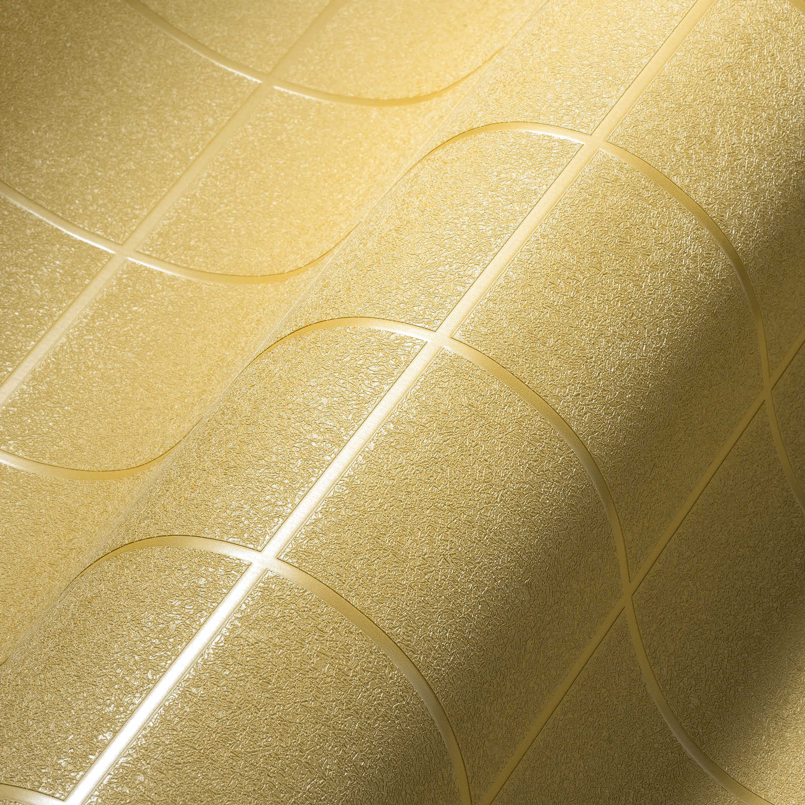            Papier peint motif carreaux, joints sombres & effet 3D - or, jaune
        