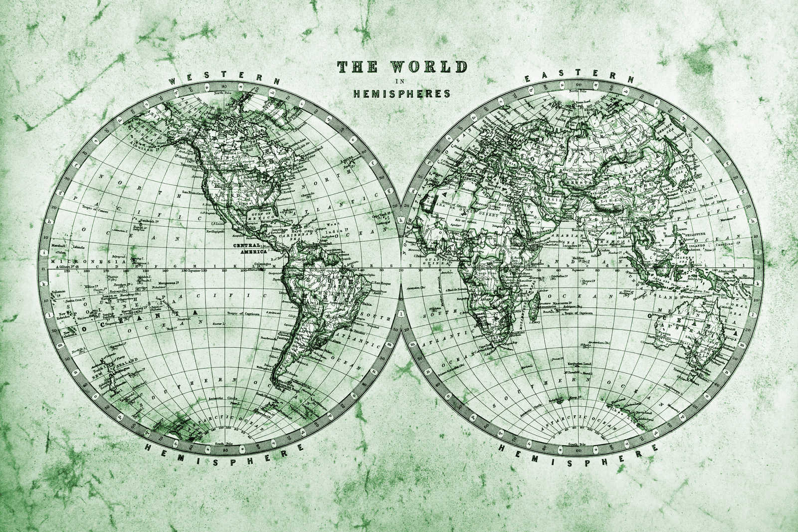             Toile avec carte du monde vintage en hémisphères | vert, gris, blanc - 0,90 m x 0,60 m
        
