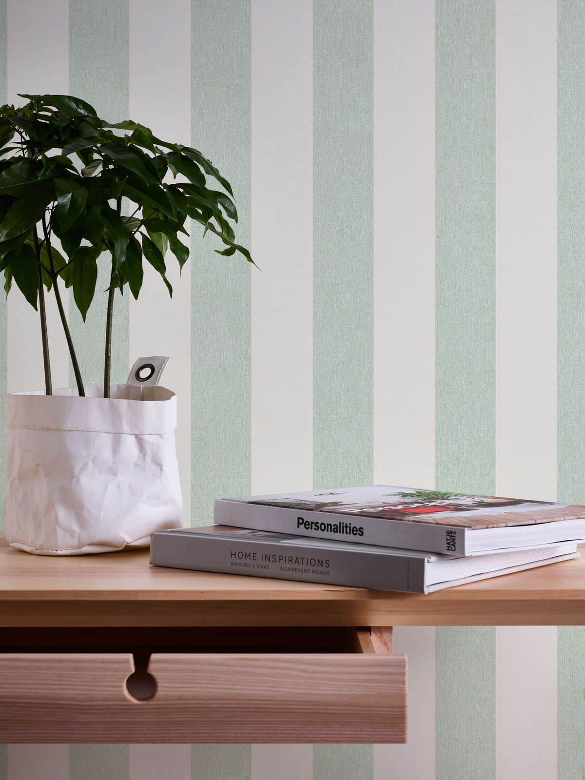             Non-woven wallpaper with stripes in textured look & matt - green, white
        