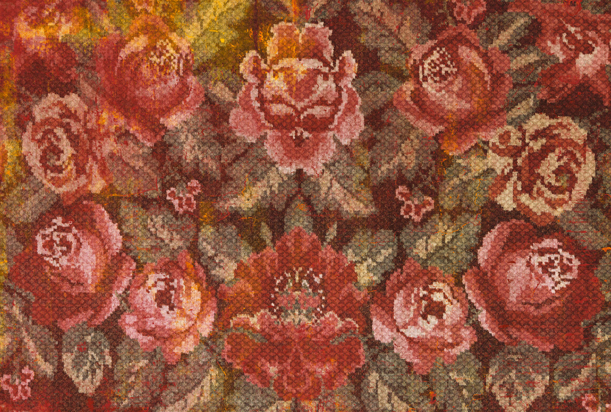             Roses mural folklore, embroidery patterns & vintage - pink, green, yellow
        