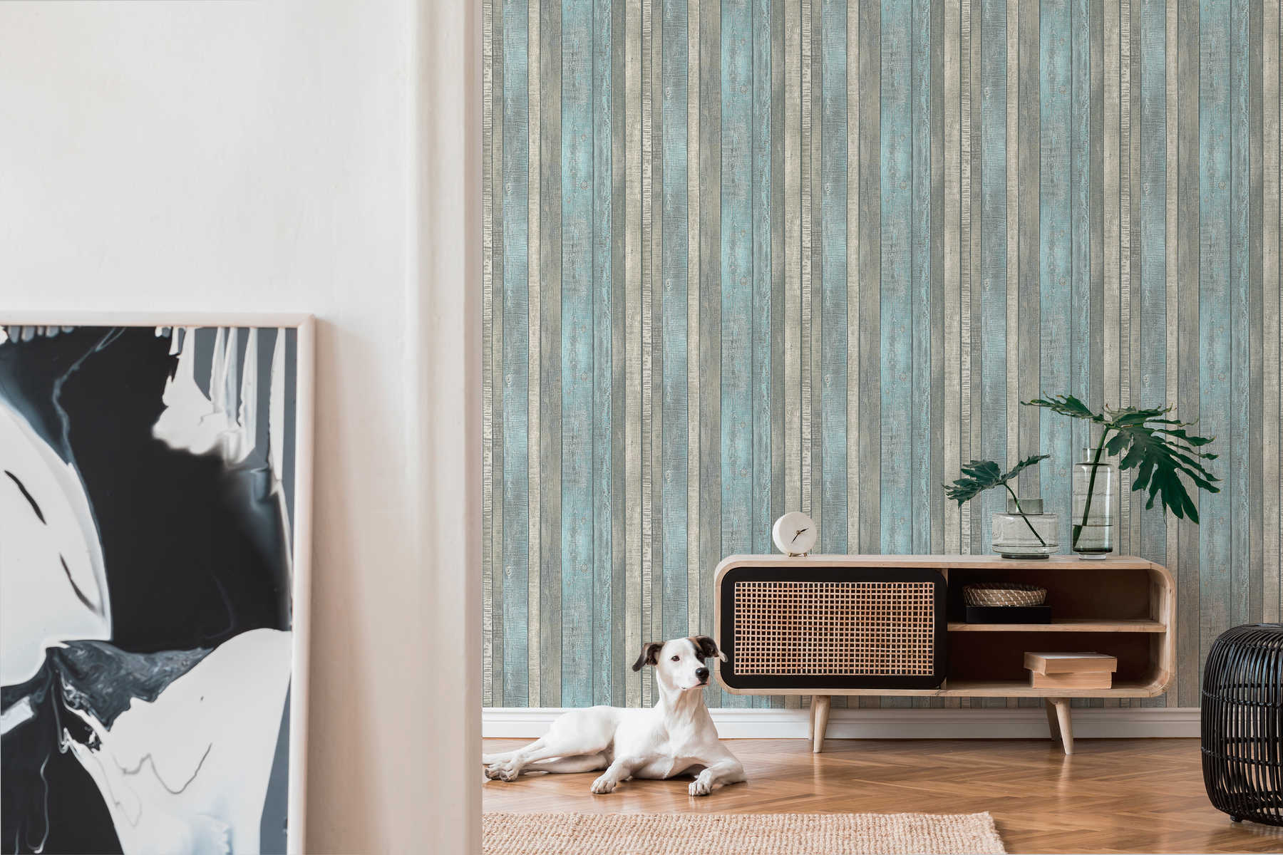             Wood look wallpaper with boards & rustic grain - blue, grey, cream
        