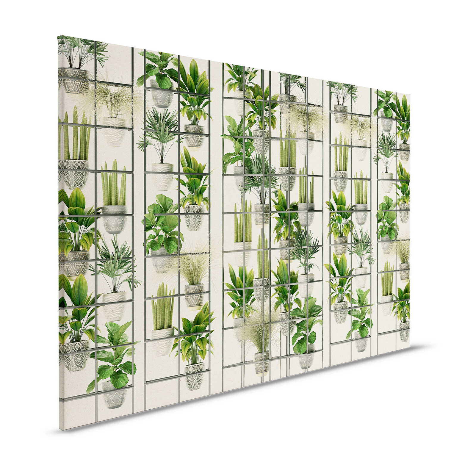 Plantenwinkel 2 - Canvas schilderij moderne plantenmuur in groen & grijs - 1.20 m x 0.80 m
