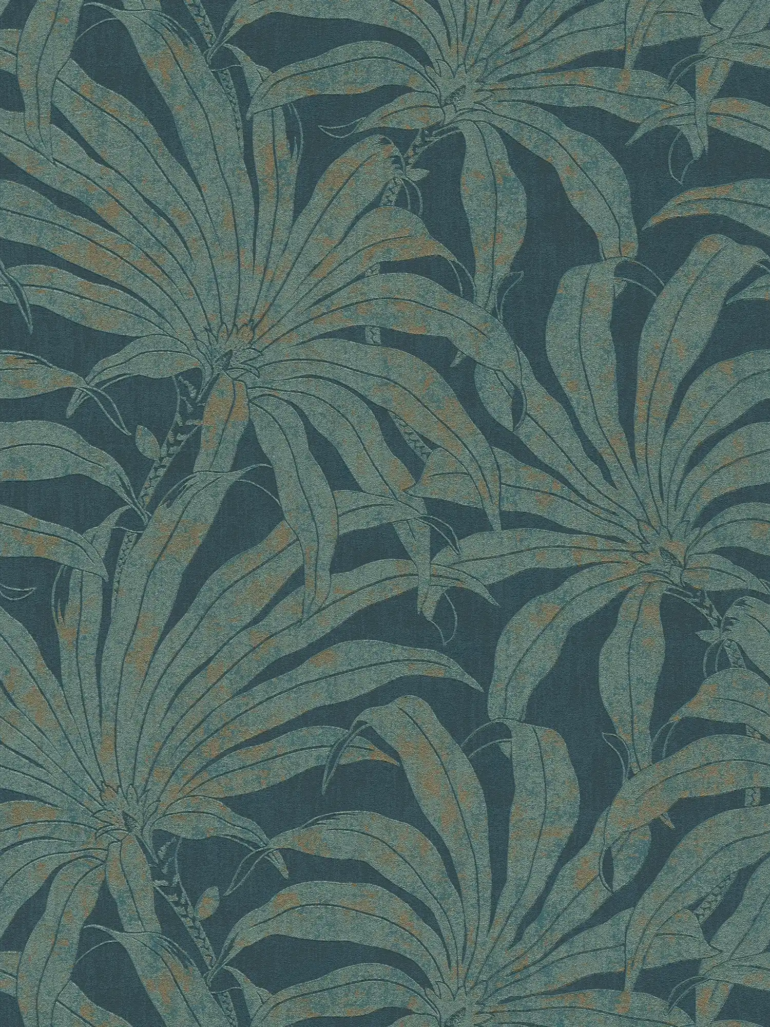 Floral pattern wallpaper with botanical jungle leaves - petrol, gold, blue

