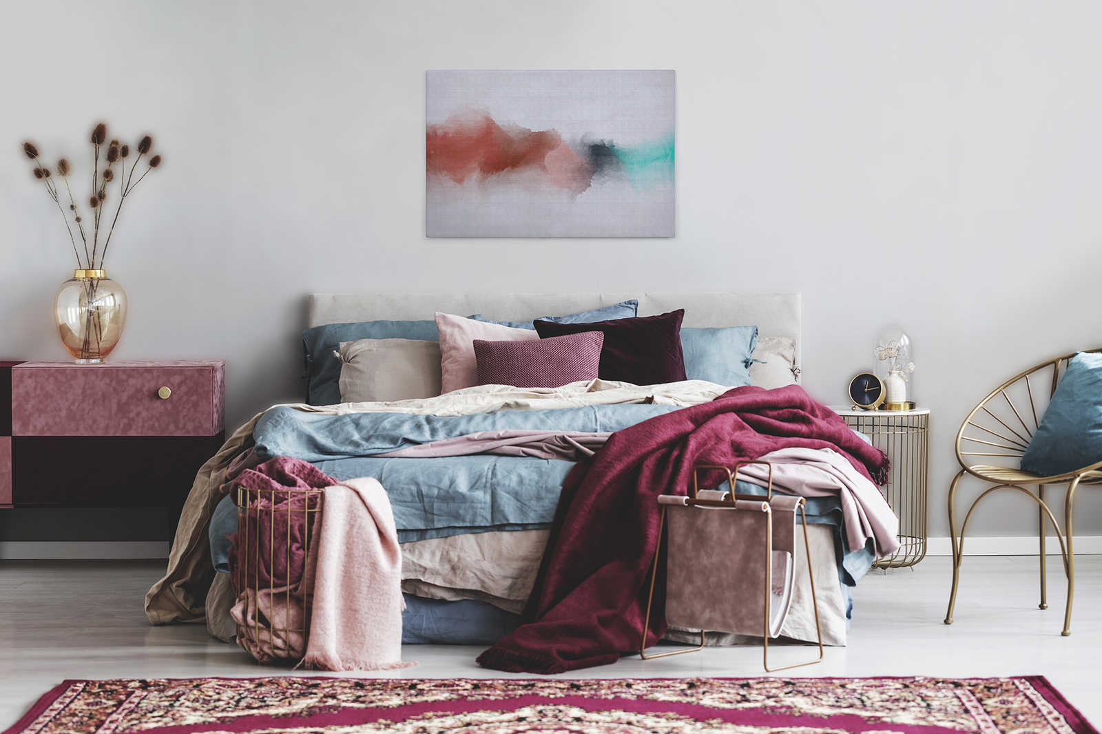             Daydream 2 - Cuadro en lienzo de estructura de lino natural con mancha de color en estilo acuarela - 0,90 m x 0,60 m
        